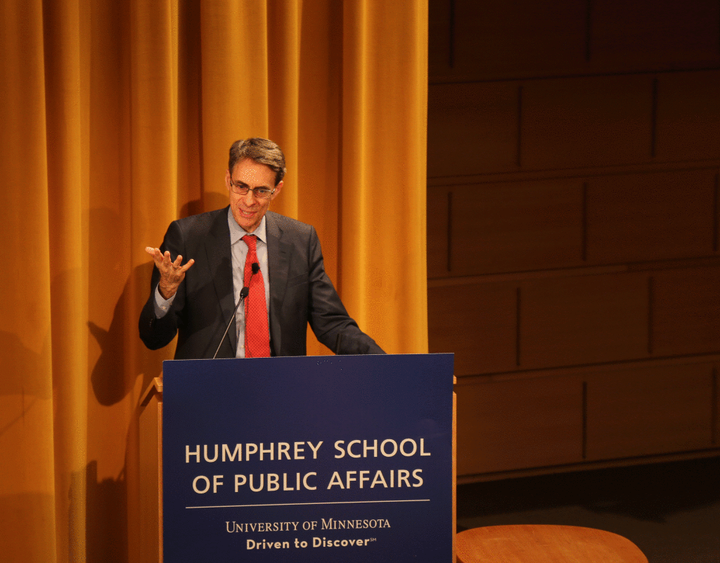 Ken Roth, executive director of Human Rights Watch, speaks at the University of Minnesota's Humphrey School on Oct. 2. In a wide-ranging talk, Roth discussed the need to form rational national foreign policy around the use of drones—but not ban them outright. He also explained his proposal, shared with the president's chief of staff and others, to demilitarize anti-terrorism efforts in favor of strengthened policing tactics, while addressing a bevy of other topics.