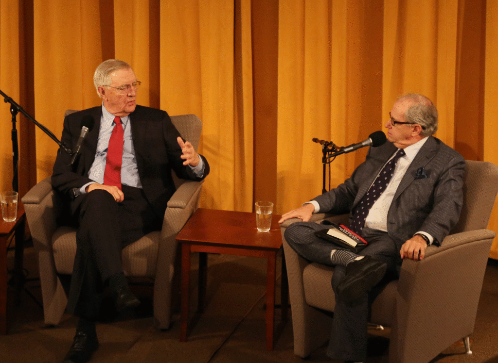 Former Vice President Walter Mondale asks Washington scholar Norm Ornstein a question during a presentation at the University of Minnesota's Humphrey School of Public Affairs on Thursday, Oct. 17, 2013. Photo by Kevin Featherly